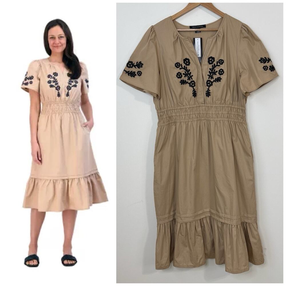 NWT French Connection Floral Embroidered Midi Dress Size XL Tan Puff Sleeve